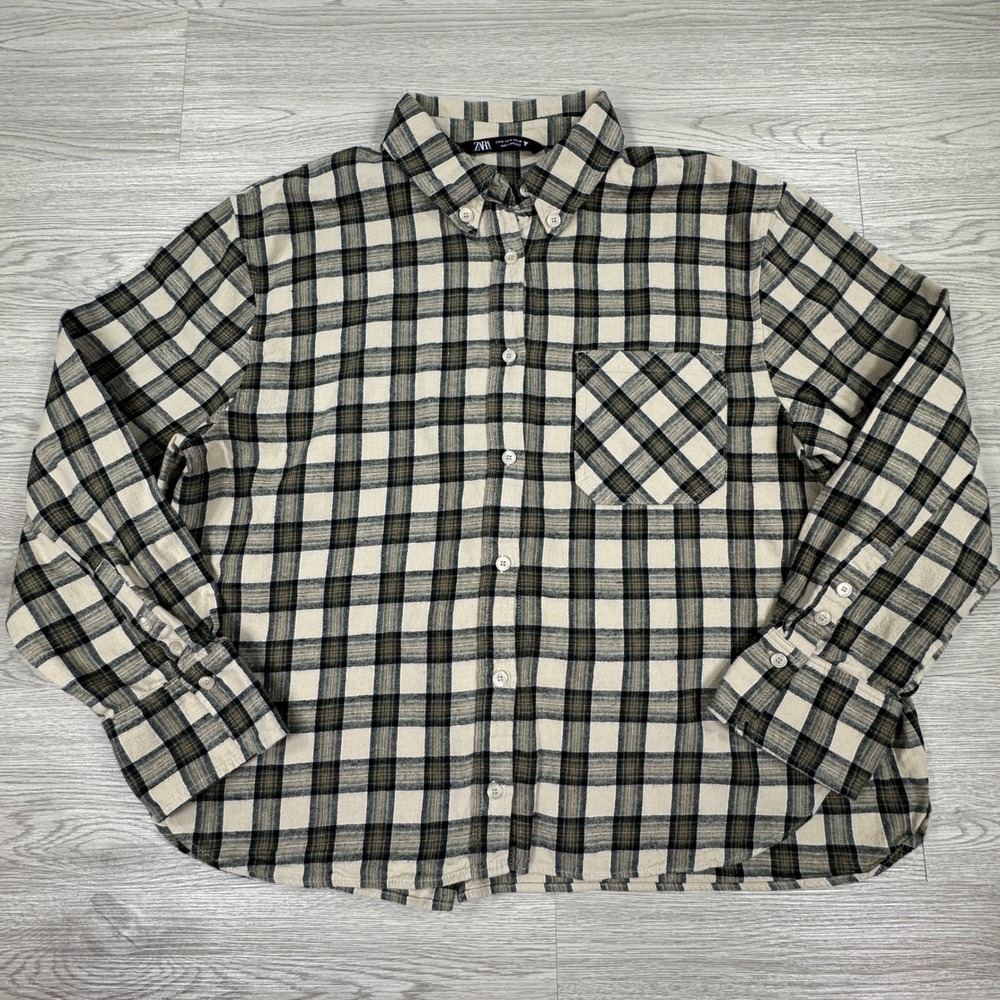 Zara Women's Button Down Shirt Plaid Flannel Beige‎ Black Green Size Medium